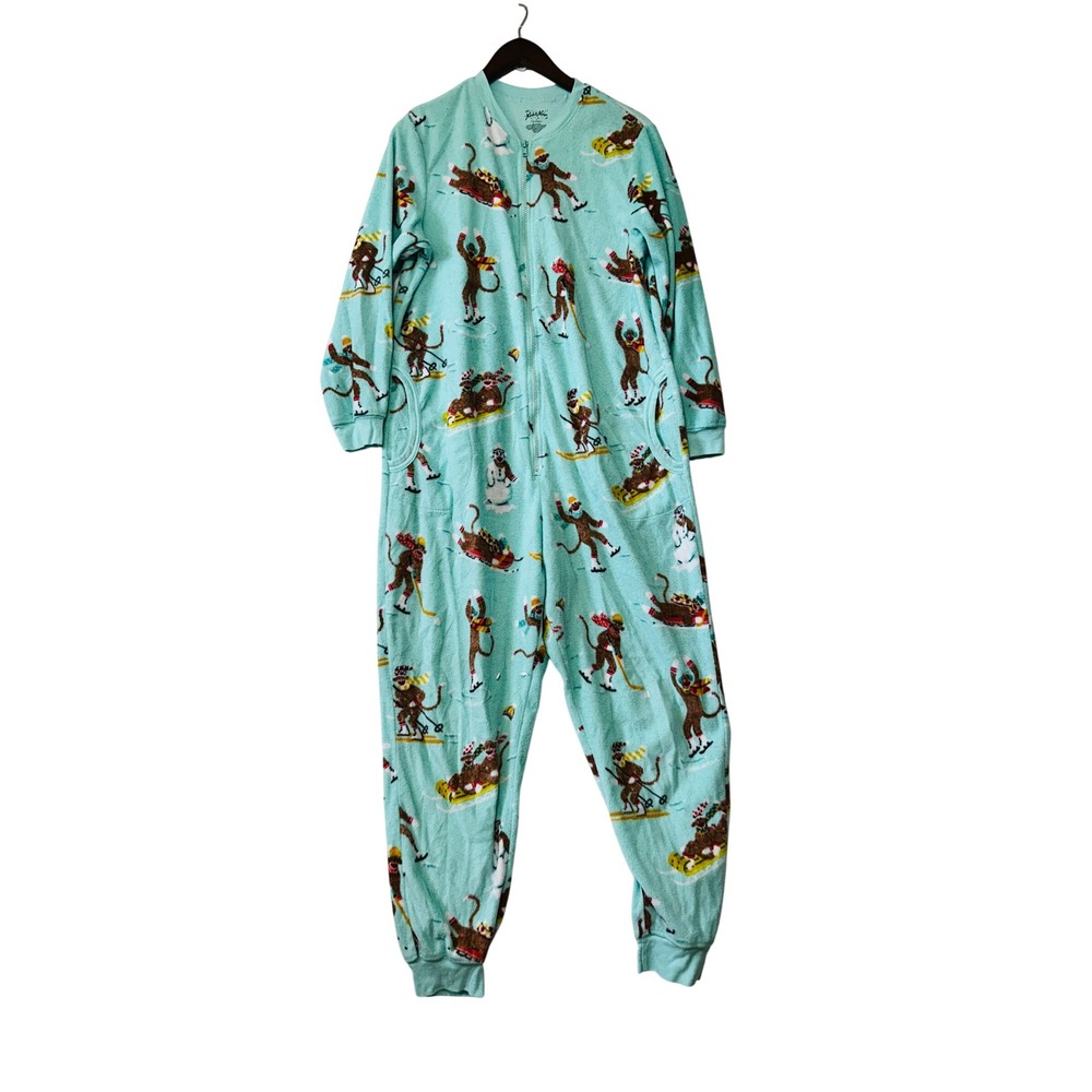 Nick & Nora Womens One Piece Zip Pajamas Sock Monkey Winter Fleece Blue Large L